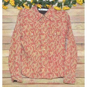 Tommy Hilfiger Ladies L Red Gold Paisley Pearl Snap Shirt Size L Holiday Western
